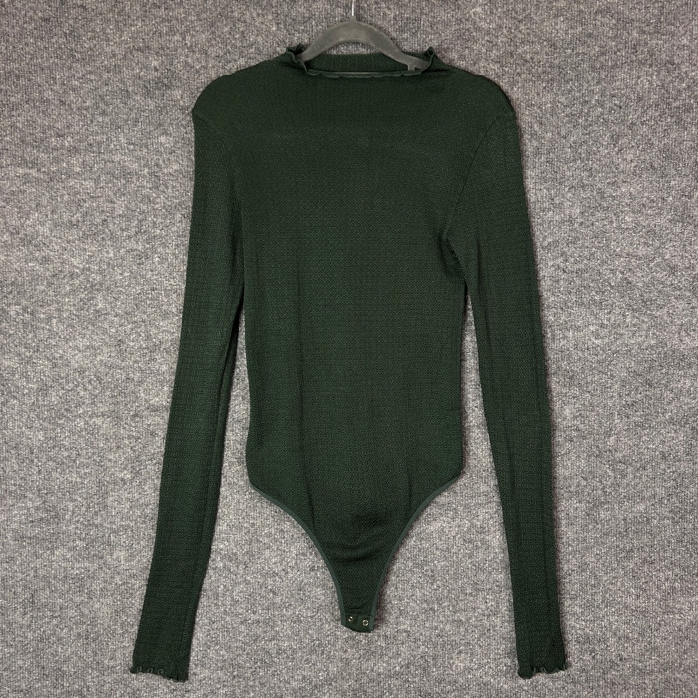 Intimately Free People Green Textured Mock Neck Long Sleeve Thong‎ Bodysuit M/L
